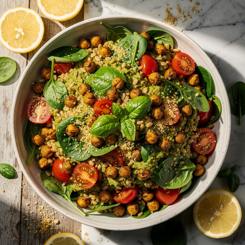 Hearty Pesto Salad with Tomatoes, Farro, and Air-Fried Chickpeas