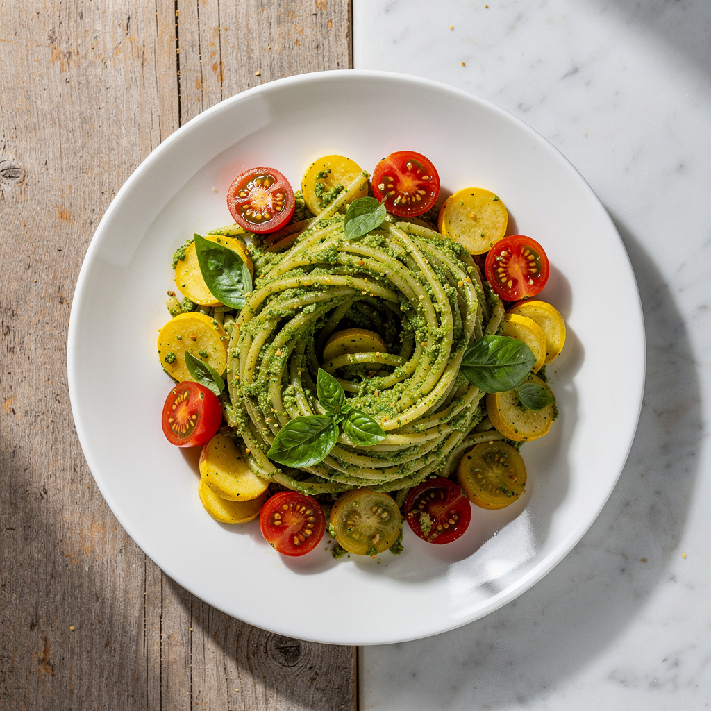 Basil-Leek Pesto Pasta with Cherry Tomatoes and Summer Squash