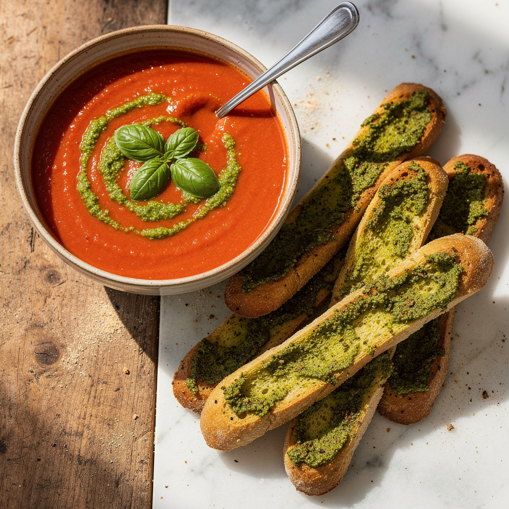 Quick Summer Tomato Soup with Pesto Breadsticks