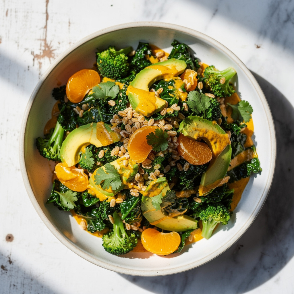 Kale and Farro Salad with Orange-Avocado Dressing