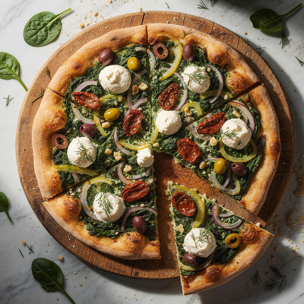 Pizza with Creamed Spinach, Sun-Dried Tomatoes, Red Onion, and Olives