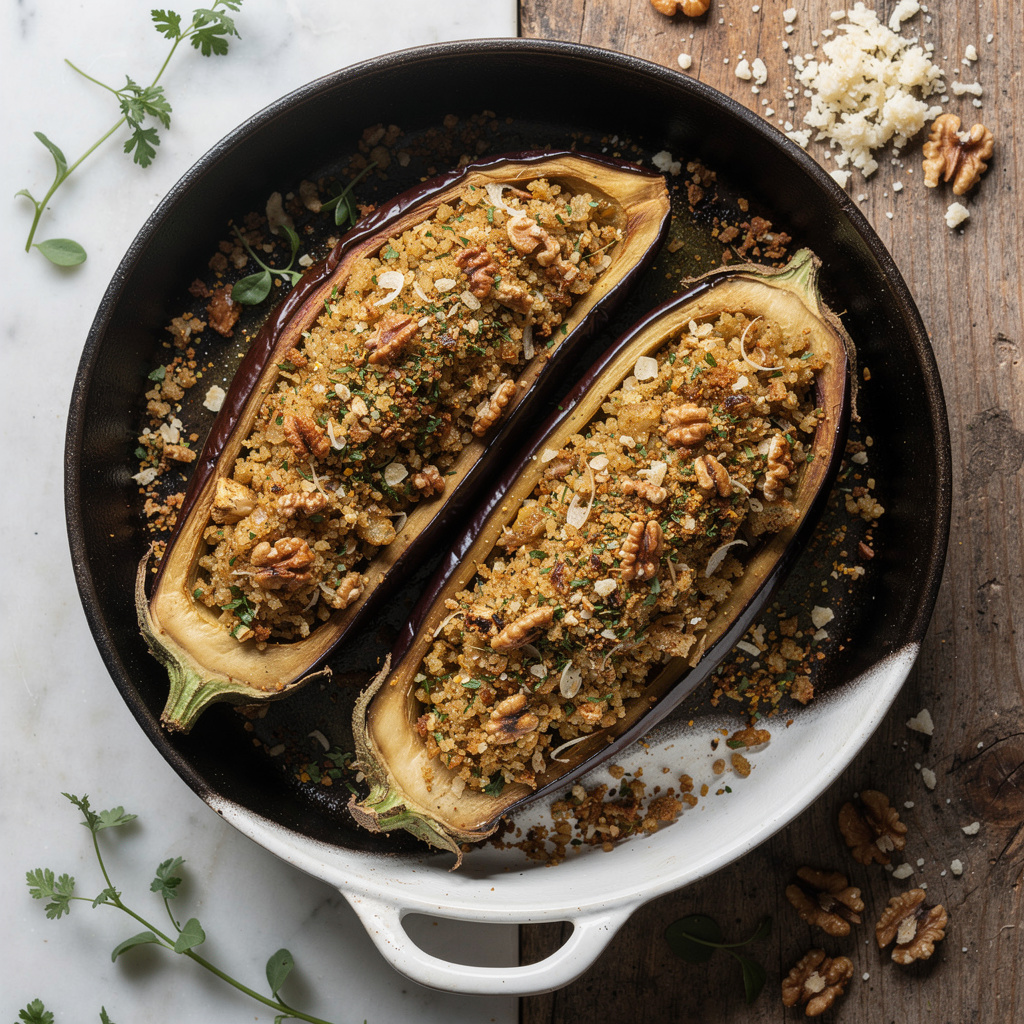 Stuffed Eggplant with Herb-Walnut Crumble
