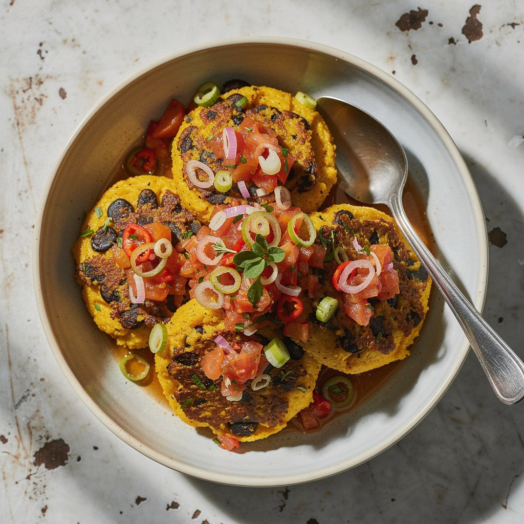 Polenta--Black Bean Medallions with Spicy Salsa