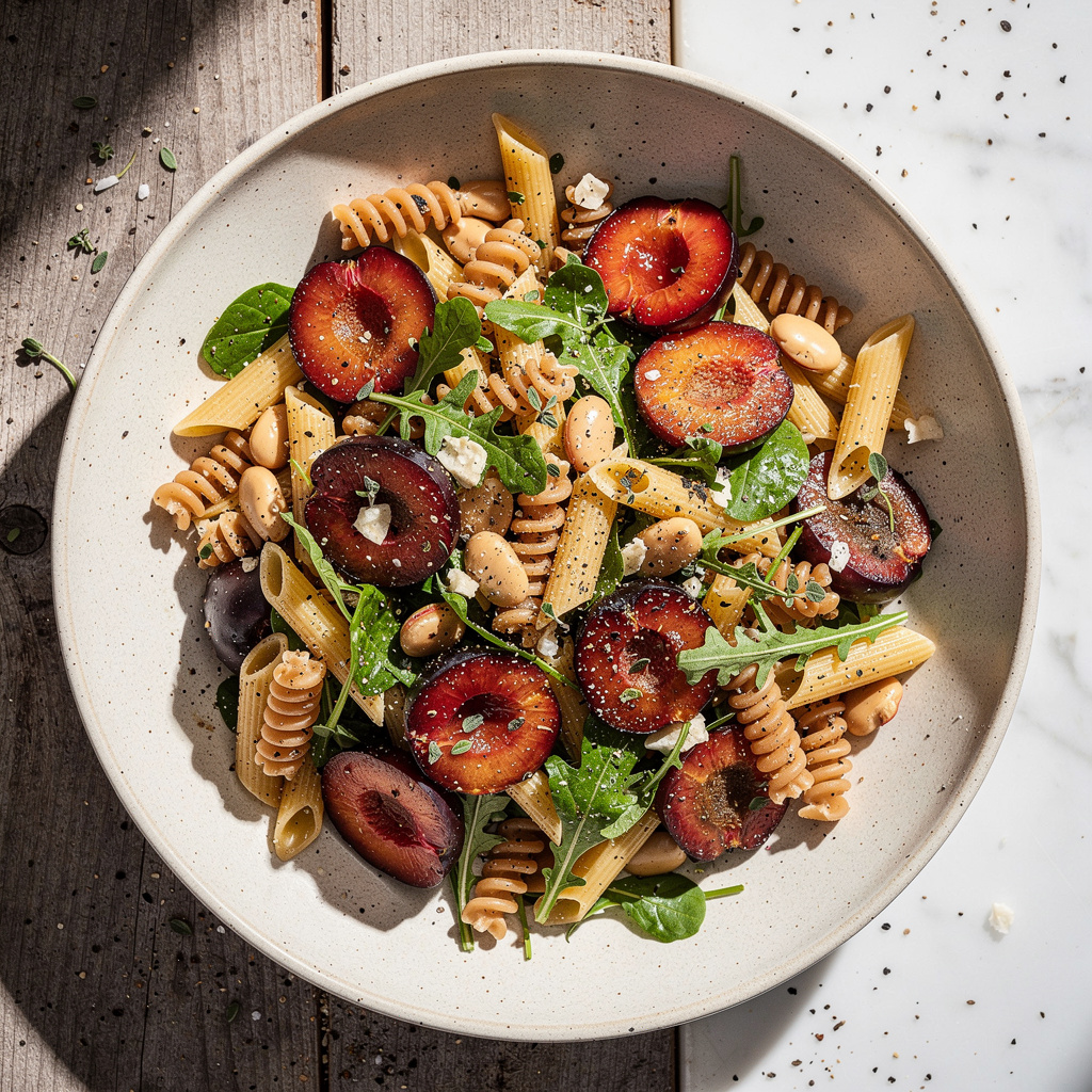 Plum Pasta Salad with Roasted Garlic Vinaigrette