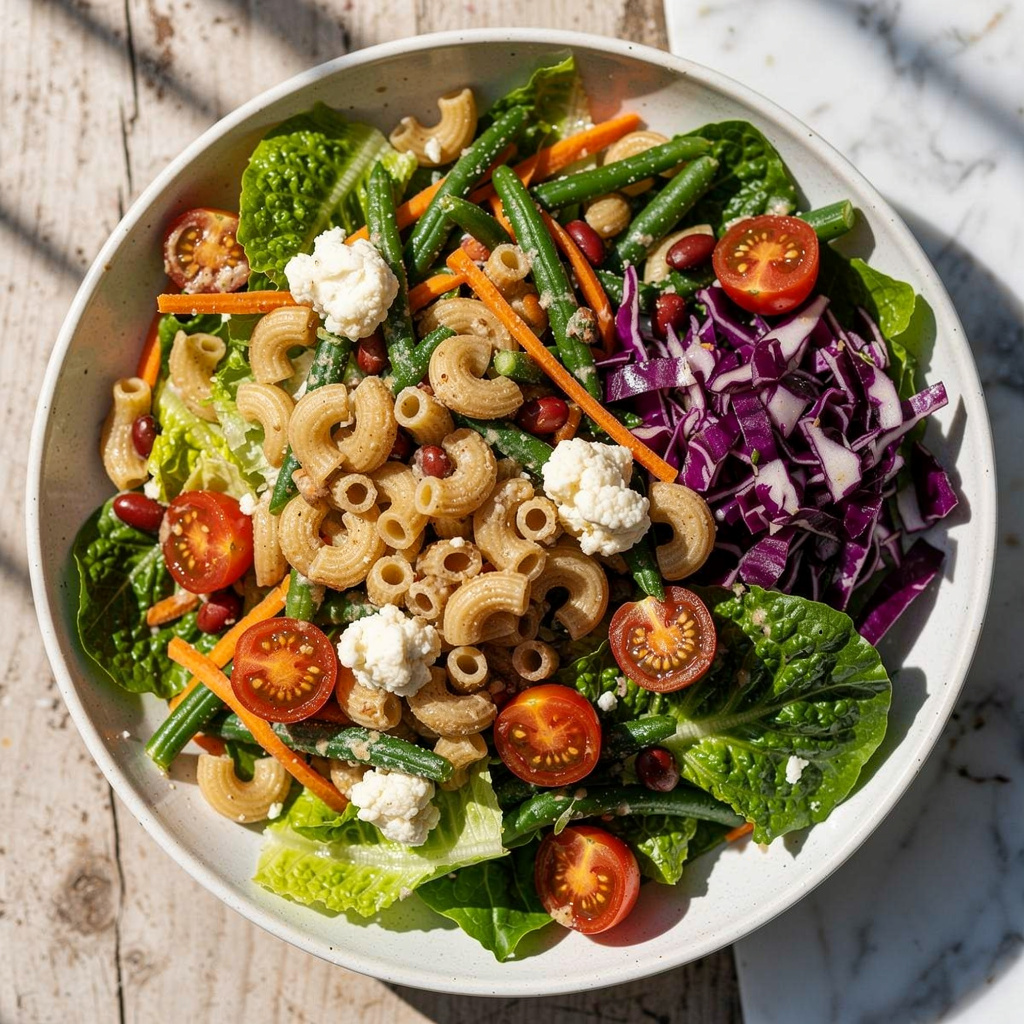 Chopped Veggie Salad with Pasta and Creamy Cauliflower Dressing