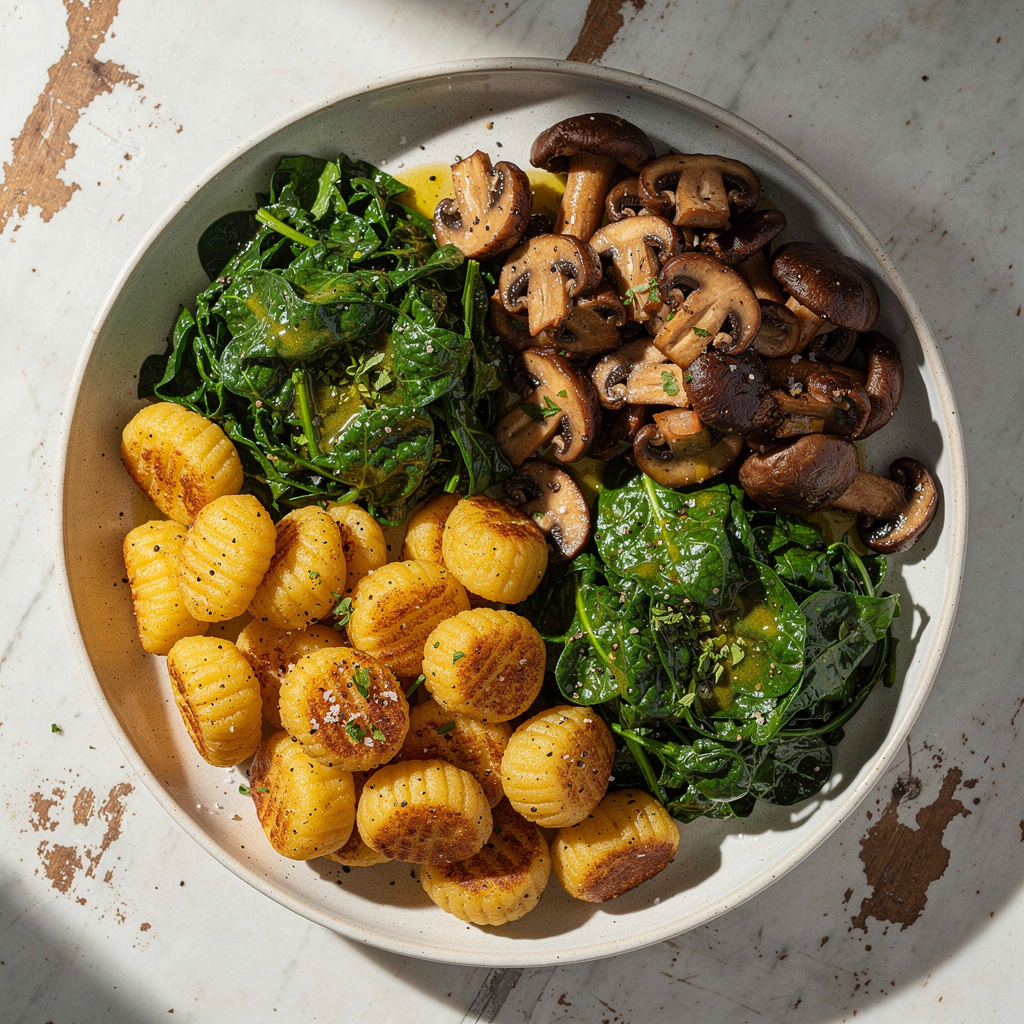 Vegan Potato Gnocchi with Mushrooms and Greens