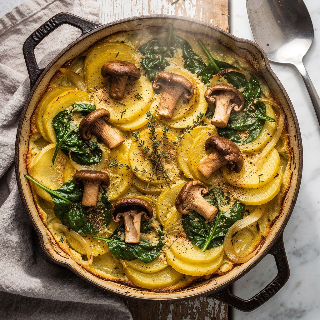 Potato-Spinach Casserole with Trumpet Mushrooms