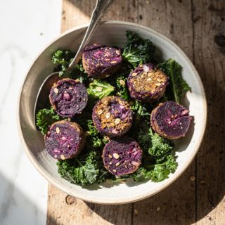 Purple Potato Croquettes with Kale Salad