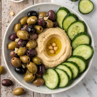 Marinated Olives with Hummus and Cucumber