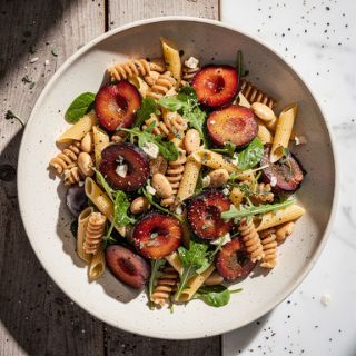 Plum Pasta Salad with Roasted Garlic Vinaigrette