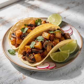 Mushroom Chorizo Tacos con Papas